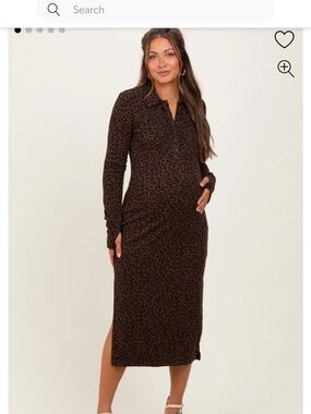 Maternity Long Sleeve Leopard-Print Midi Dress - Brown